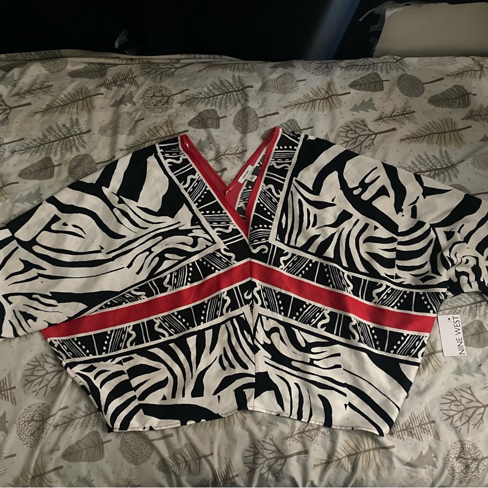 Nine West Black & White Zebra Print Tunic with Red Trim